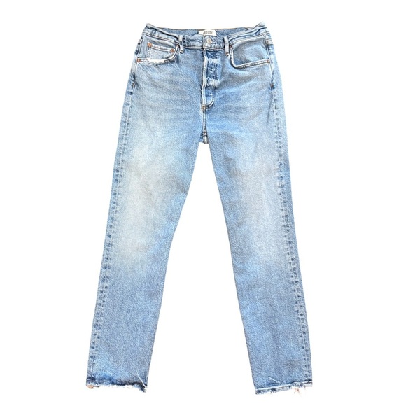 AGOLDE Riley Long High Rise Slim Straight Light Medium Blue Button Fly Size 27 - Picture 4 of 15